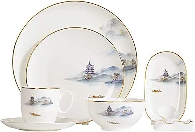 Elegant Dinnerware Set Dinner Plates Bowls Set Household Dinnerware Set Ceramic Bowls And Plates Cups And Saucers Chinese-Style Hotel Tableware Set Clear Water And Sk