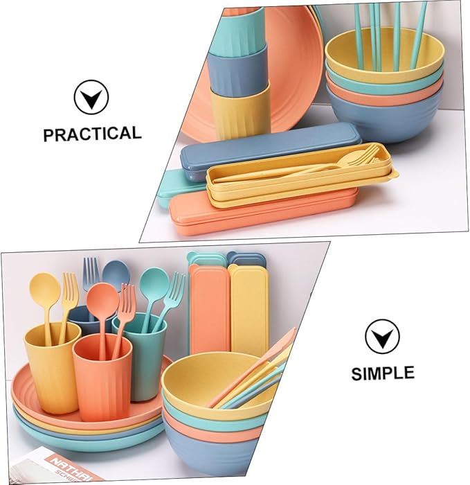 PRETYZOOM 4sets Portable Straw Cutlery Set Microwavable Bowls Lids Dinnerware Set for Outdoor Home
