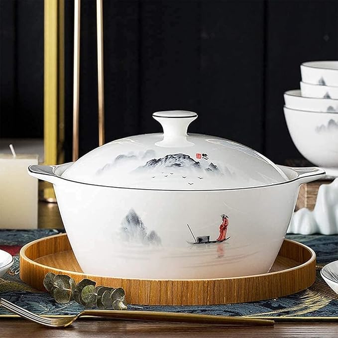 Porcelain Dinnerware Sets Plates and Bowls Sets 60-Piece Dinnerware Set Chinese Style Porcelain Set Dinner Dishes Set Plates/Bowls/Spoons and Soup Pot Service for 12