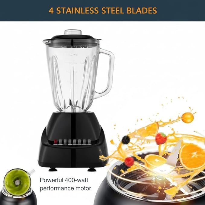 Alpine Cuisine 10-Speed Blender with 50oz Glass Jar 450W High-Power Kitchen Countertop Mixer for Smoothies Shakes Crushing Ice and Pureeing Stainless Steel Blades Pulse Function Black