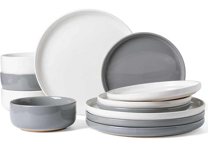 Famiware Milkyway Plates and Bowls Sets 12 Pieces Stoneware Dinnerware Sets Dishes Set for 4 White &amp Dark Gray