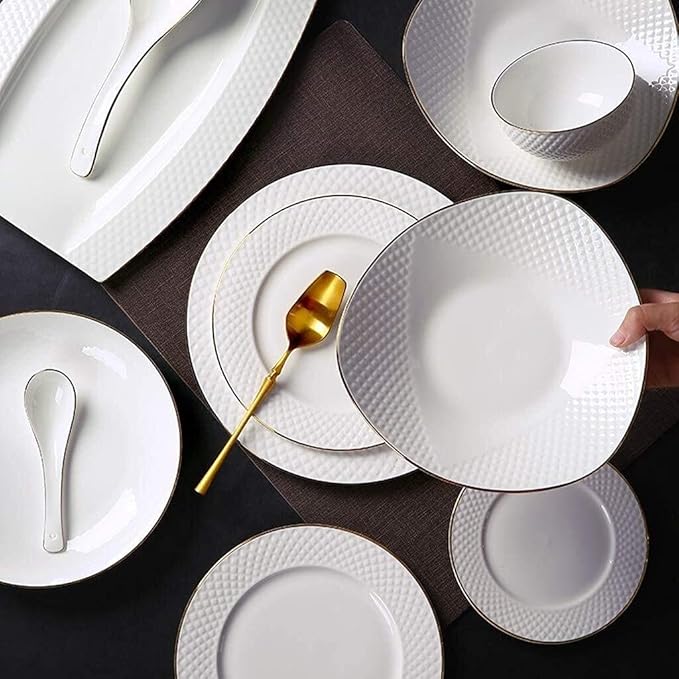 Ceramics Dinner Sets Ceramics Dinnerware SetBowl/Dish/Soup Pot/Spoon|Dinner SetsWhite Embossed Gold Rim Pattern Porcelain Combination Set49Pieces