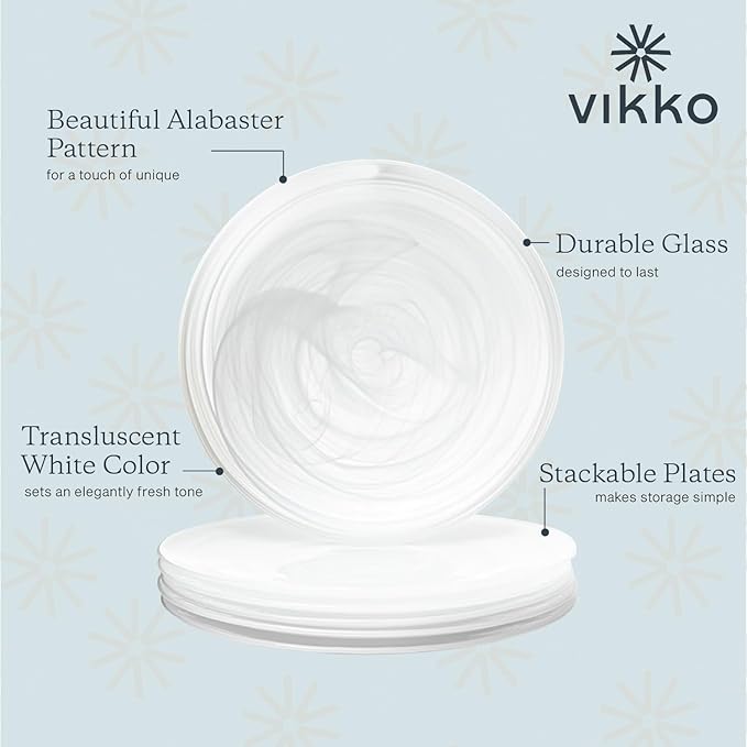 Vikko Dinner Plates Set of 6 White Alabaster Plates 11 Plate with Marbelized Swirl Design Elegant Glass Plate Dishwasher Safe