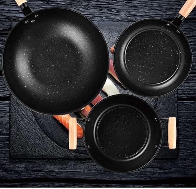 Pots and Pans Set 3 Pcs Cooking Pot Frying Pan Soup Pot Pan Set Non-Stick Soup Pot Household Induction Cooker Gas Stove Kitchen Cooking Set Black