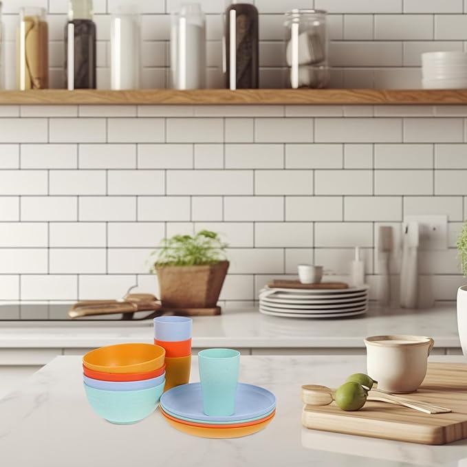 12pcs Dinnerware Set with Plates Bowls and Cups Made from Wheat Straw Microwave Safe Unbreakable Lightweight Tableware