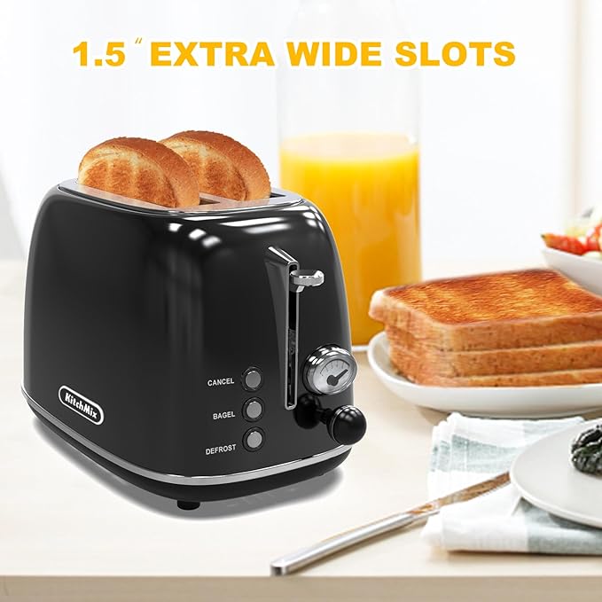 Toaster 2 sliceRetro Stainless Steel Toaster with 6 Settings 1.5 In Extra Wide Slots Bagel/Defrost/Cancel Function Removable Crumb Tray (Dark)