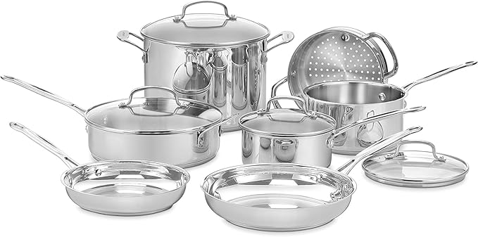 Cuisinart Chef’s Classic 11-Piece Stainless Steel Pots and Pans Set Cookware Set Compatible with Induction Electric Gas Cooktops Aluminum Core for Even Heat Cool Grip Handles Dishwasher Safe