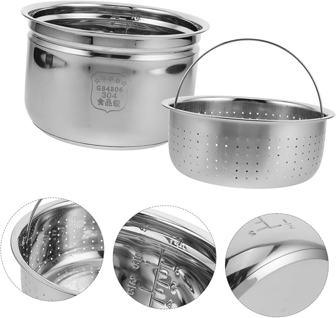 1set Stainless Steel Inner Pot for Electric Cookers Food Steamer Insert with Rice Draining Basket Multipurpose Cooker Replacement for Rice Soup and Steaming Easy to Clean
