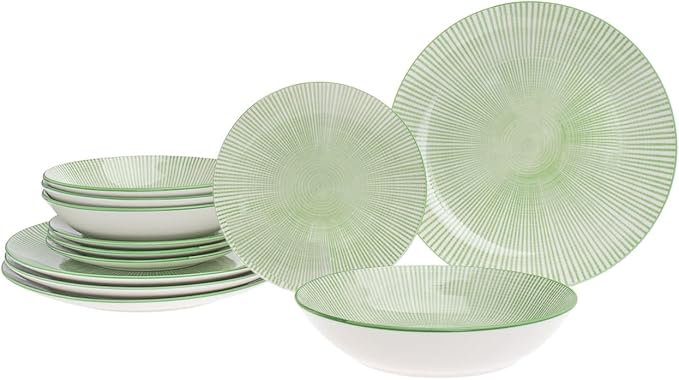 Godinger Laura Green Porcelain 12‑Piece Dinnerware Set Service for 4 – Green &amp White Starburst Design Includes 4 Dinner Plates 4 Salad Plates &amp 4 Bowls Microwave Safe Tableware for Gift Us