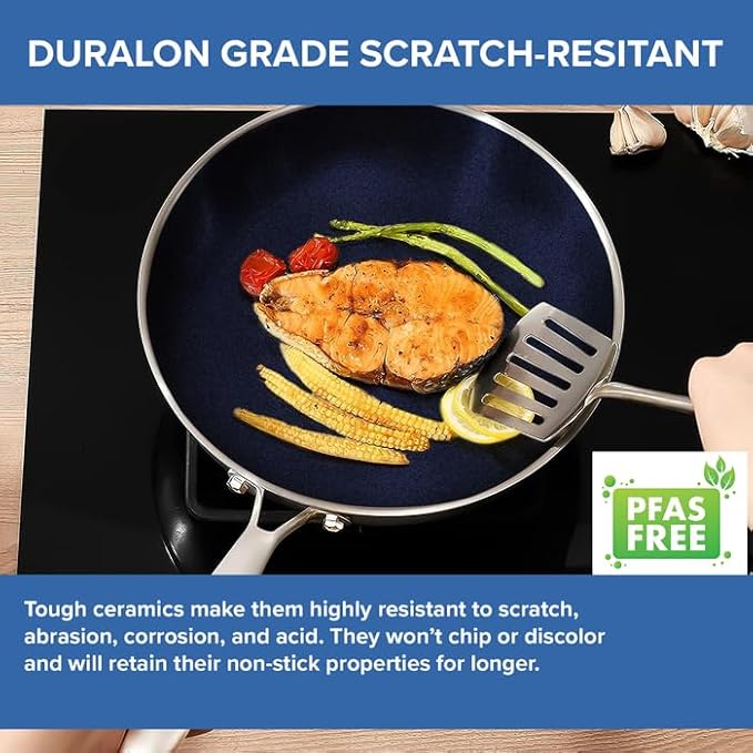 Nuwave Pro-Smart 9pc Stainless Steel Cookware Set Healthy Duralon Blue Non-Stick Ceramic Coating Heavy-Duty Tri-Ply Construction Ergonomic Stay-Cool Handles Induction-Ready &amp Works on All Cook