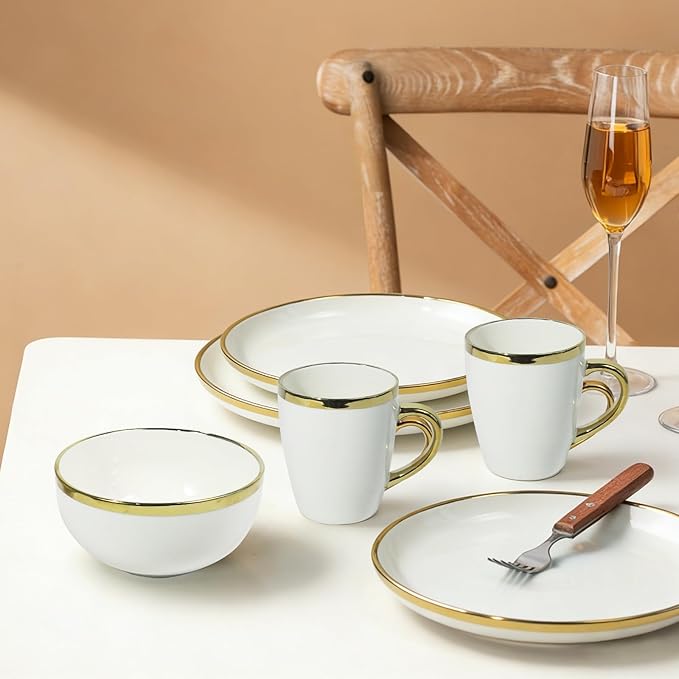 White and Gold Ceramic Dinnerware Sets for 4 16-Piece Luxury Plates and Bowls Sets with Gold Rim Modern Dish Set for Wedding Christmas Anniversary Crack Resistant | Dishwasher Safe (White)