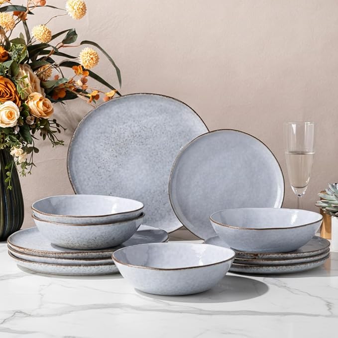 AmorArc Ceramic Dinnerware SetsHandmade Reactive Glaze Stoneware Plates and Bowls SetsHighly Scratch Resistant | Dishwasher &amp Microwave Safe Dishes SetService for 4 (12pc)