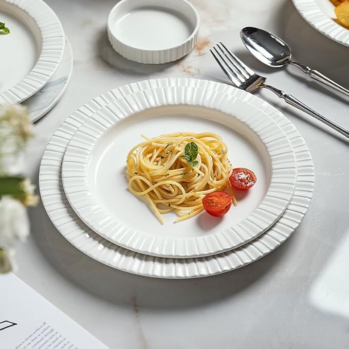 12-Piece White Ceramic Dinnerware Set - Rhine Series Service for 4 Includes Bowls Flat &amp Deep Plates Microwave &amp Dishwasher Safe