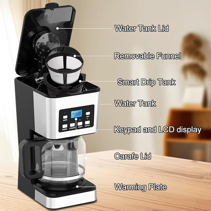 12-Cup Programmable Coffee Maker Regular &amp Strong Brew Drip Coffee Machine for Home and Office Glass Carafe Pause &amp Serve Auto Shut Off Gray &amp Stainless Steel (Black)
