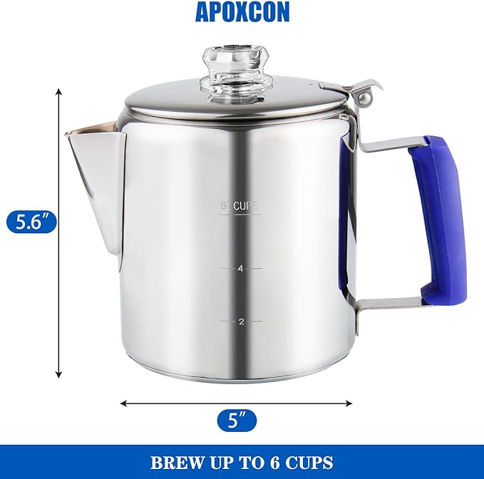 Multi Use Percolator Coffee Pot Stainless Steel Stove Top Coffee Maker with Two Tough Borosilicate Glass Knob Silica Handle Camping Coffee Pot Using on Campfire Stove &amp Induction Cooker Silver 6 C