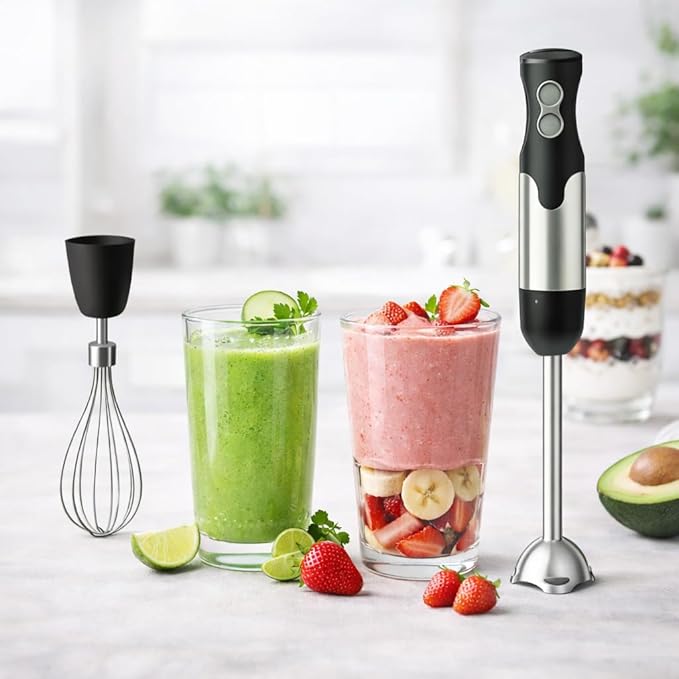 MEGAWISE HB-2062B 5-in-1 Hand Immersion Blender Set 800W Powerful Stick Blender with Turbo Mode Variable Speed Control Stainless Steel Blade Includes Whisk Milk Frother Chopper Bowl &amp Beaker
