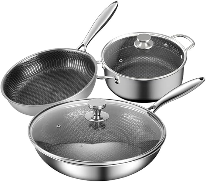 316 Stainless Steel Premium Non-stick Cookware 3 Pieces Set 28CM Frying Pan32CM Wok Pan With Lid26CM Flat-Bottomed Soup Pot With Lid