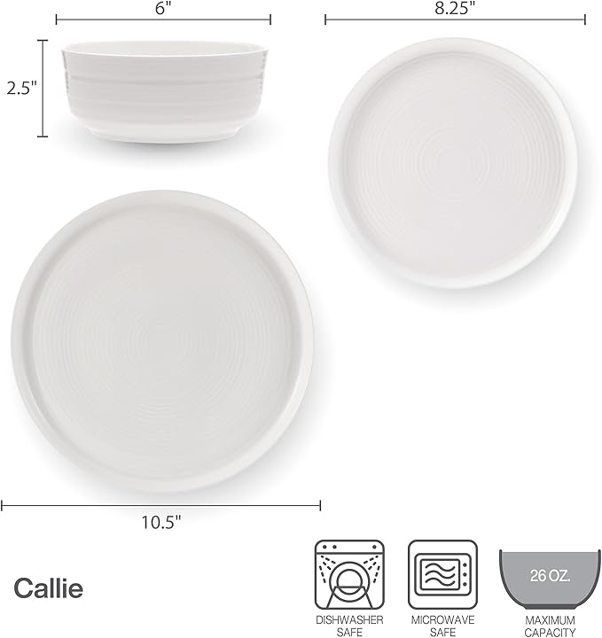 Mikasa Callie Bone China Lightweight Chip Resistant 12 Piece Dinnerware Set Service for 4 White