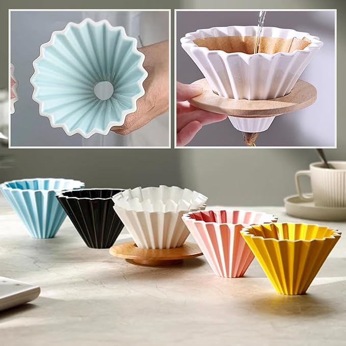 Ceramic Coffee Dripper with Wood Cup Stand Pour Over Coffee Maker Elegant Flower-shape V60 Strainer for 1-2 Cups Slow Brewing Accessories for Home Coffee Shops Restaurants Yellow