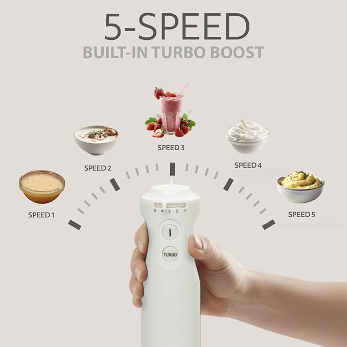 WILLOW Eco Series 5 Speed Immersion Blender Handheld Powerful yet Quiet 500 Watt Electric Stick Blender with Turbo Mode &amp Removable Base Hand Blender for Soup Smoothie 304 Stainless Steel - WH