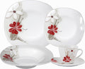 Stylish and Elegant 20 Pieces Porcelain Square Dinnerware Set Service for 4 People for Hosting Parties and Events - Fun Red and Tan Floral Design