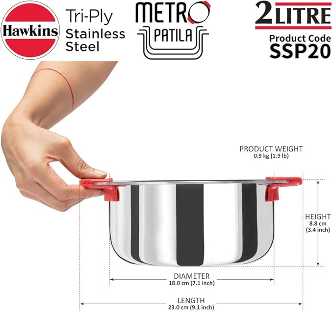 Hawkins 2 Litre Metro Patila Triply Stainless Steel Tope Induction Bhagona Tapeli Silver (SSP20)