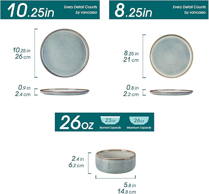 vancasso PLAYA Plates and Bowls Sets 24 Pieces Light-Blue Dinnerware Sets for Kitchen Reactive Glaze Dishes Set for 8 Dishwasher and Microwave Safe