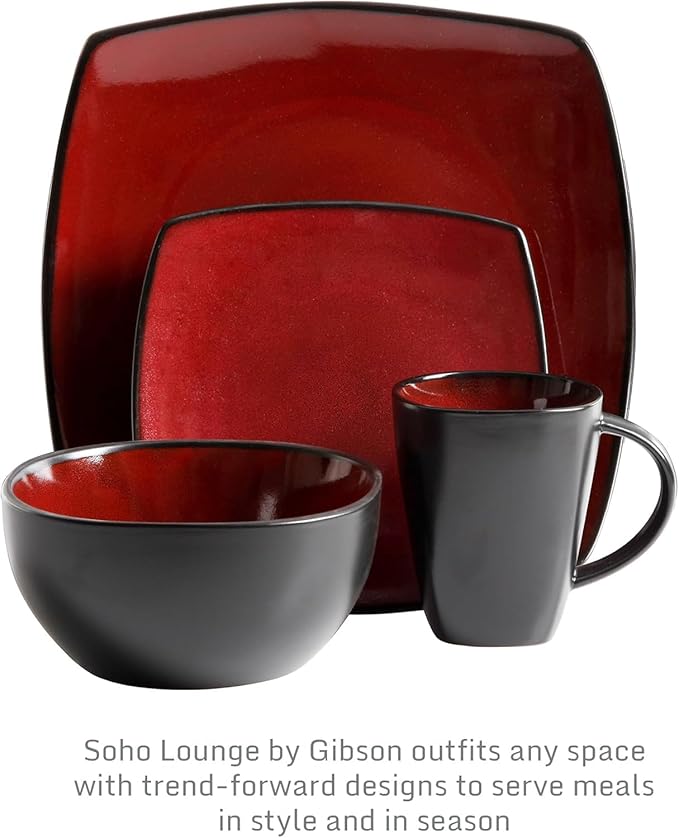 Square Dinnerware Set for 4 – 16-Piece Reactive Glaze Stoneware Dishes in Red Grey &amp White – Modern Microwave &amp Dishwasher Safe Plates Bowls &amp Mugs (Red)