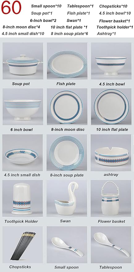 Ceramics Dinnerware Set 60 Piece Bone China Porcelain Dishes Set Microwave Oven and Dishwasher Safe Dinner Sets