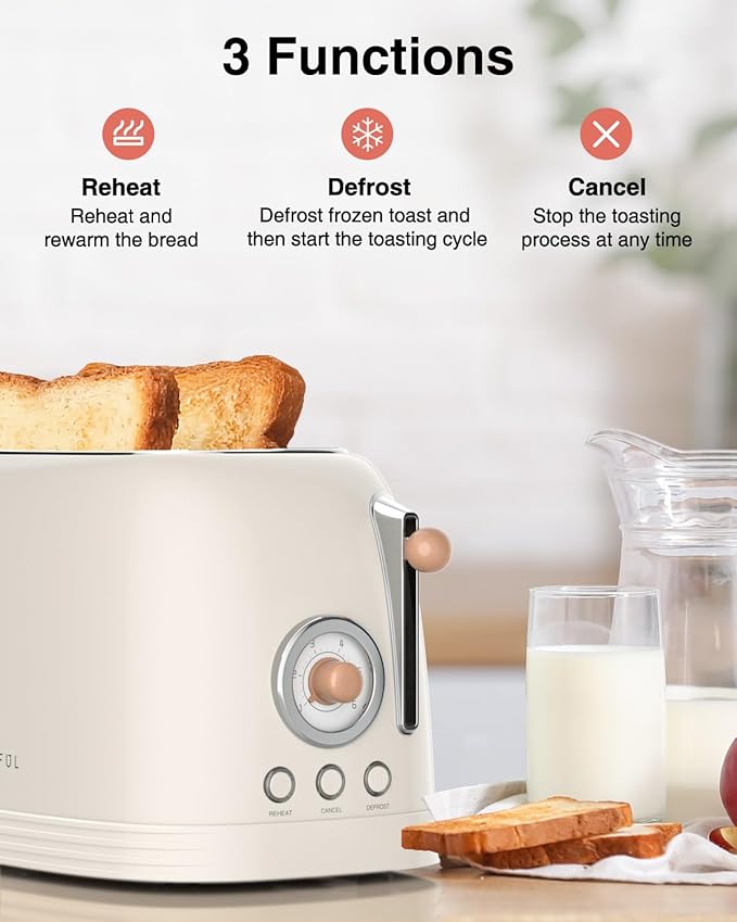 CROWNFUL 2-Slice Toaster Extra Wide Slots Toaster Retro Stainless Steel with Bagel Cancel Defrost Reheat Function and 6-Shade Settings Removal Crumb Tray Cream