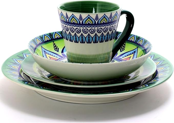 16 Piece Stoneware Dinnerware Set for 4 – Colorful Bohemian Style Plates and Bowls Microwave &amp Dishwasher Safe Rustic Glazed Finish (Green)