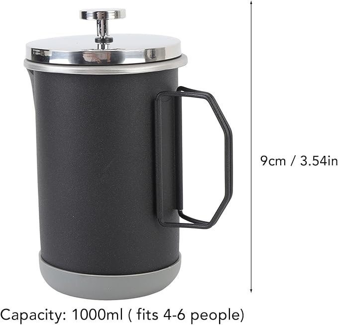Yosoo Stainless Steel French Press Coffee Maker Portable Hand Brewed Coffee Press Teapot 1000ml Capacity Lightweight for Camping Travel Office Use (Black)