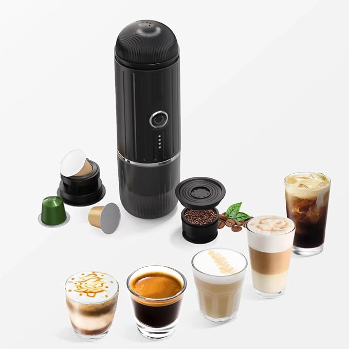 Portable Electric Espresso Machine Self-heating Rechargeable Travel Coffee Maker for Camping Hiking Office Car 19 Bar Compatible with NS Capsules &amp Ground Coffee with stand (Black+Stand)