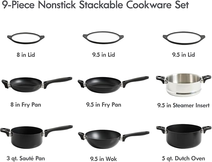 9 Piece Stackable Nonstick Aluminum Cookware Set with Lids Space Saving Pots and Pans for Kitchen Cooking