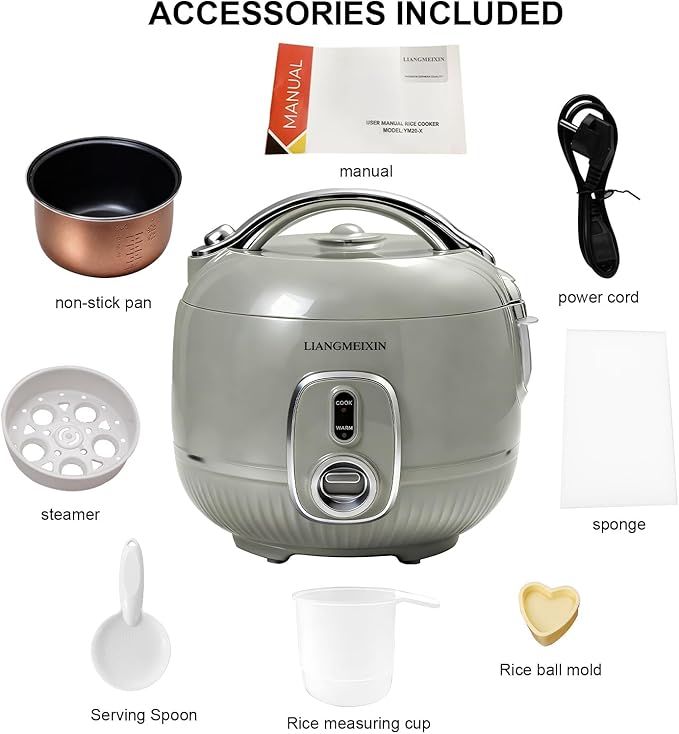Durable Rice Cooker Small 4-Cup (Uncooked)/8-Cup (Cooked) for 1-3 People 2 Quart Non-stick Mini Rice Cooker Steamer Grain Cooker Soup Maker Oatmeal Cooker Making rice balls Auto Keep Warm(Sage