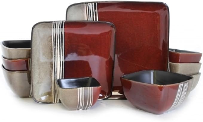 16-Piece Modern Stoneware Dinnerware Set with Double Bowl Design – Service for 4 Contemporary Color Block Plates &amp Bowls (Red)