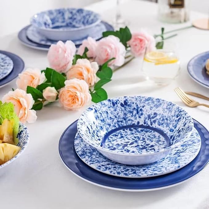 Melamine Dinnerware Set 12 Piece Service for 4 Blue and White Porcelain Tableware Dishes for Indoor and Outdoor Use Unbreakable Plates and Bowls Sets Dishwasher Safe BPA Free