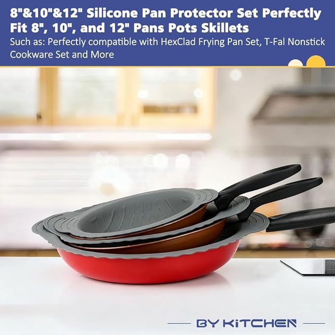BYKITCHEN 3PCS Silicone Pan Protectors with 6PCS Felt Pan Pot Separators Dividers Pads for Stacking and Protecting Your Cookware Compatible with Hexclad Cookware Set Tfal Nonstick Frying Pans &ampM