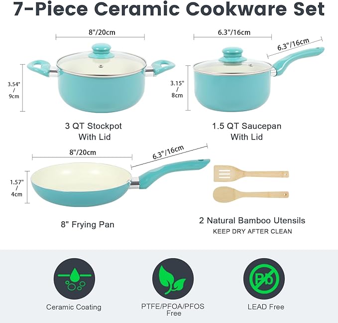 Pots and Pans Set 7 Piece Nonstick Ceramic Cookware Set Kitchen Induction Cookware Sets Pots and Pans Non Stick with Stay Cool Handle 100% PFOA Free Turquoise