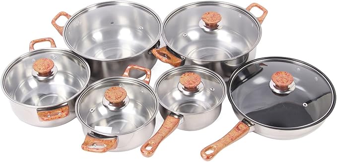 Stainless Steel Woodgrain Pots Pans Set Multifunctional Cookware Glass Phenolic Plastic Kitchen Soups