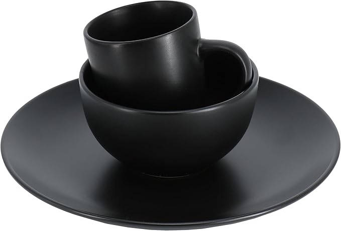 Plus 12 Piece Round Stoneware Dinnerware Set in Black Solid Casual Dishwasher Safe