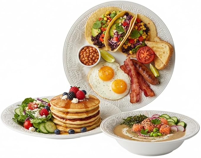 12-Piece Linen Lace Ceramic Dinnerware Set Microwave &amp Dishwasher Safe Rustic Elegance Design 4-Person Set for Daily Family Meals &amp Formal Entertaining