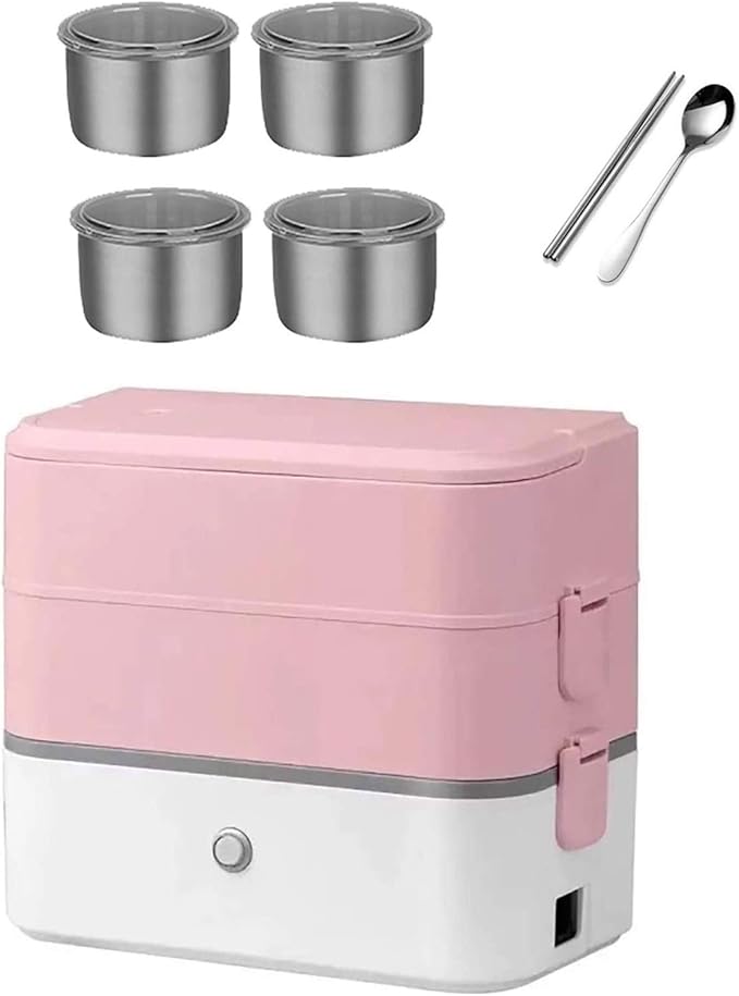 Electric Lunch Box Mini Rice Cooker 2 Layers Steamer Lunch Box for Home Office School Travel Cook Raw Food 2L