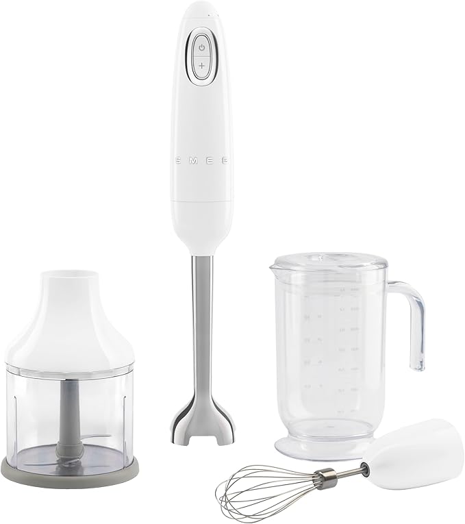 SMEG Handheld Immersion Blender with Beaker Chopping Bowl w/Lid Wire Whisk 5 Speed Controls made with Stainless Steel Blades and Ergonomic Design (White)