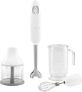 SMEG Handheld Immersion Blender with Beaker Chopping Bowl w/Lid Wire Whisk 5 Speed Controls made with Stainless Steel Blades and Ergonomic Design (White)