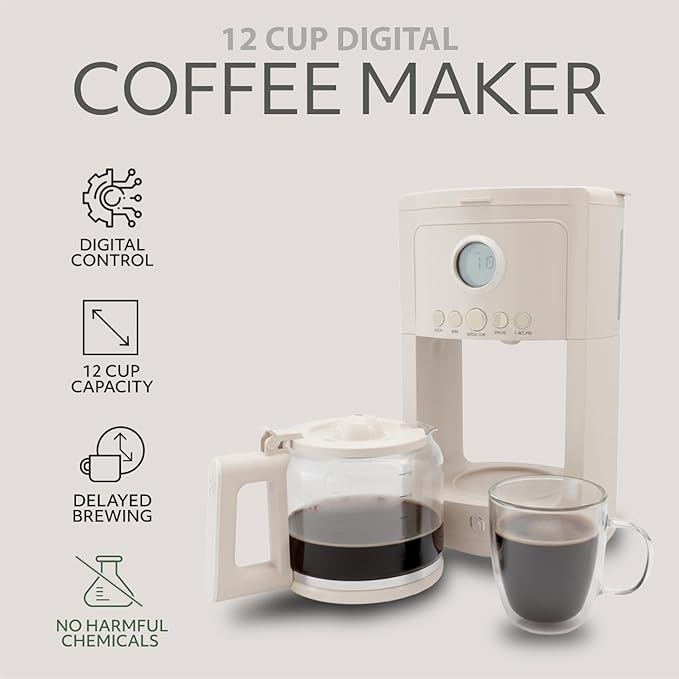 WILLOW Eco Series 12 Cup Drip Coffee Maker 24 HR Programmable Coffee Maker with Glass Coffee Pot Removable Filter Basket Keep Warm Function &amp Auto Shut-off Coffee Machine with Digital Display