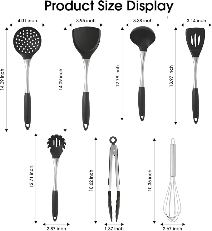 Premium Black Silicone Cooking Utensils Set - Non-Toxic Heat Resistant&amp Non-Stick Kitchen Utensils Set with Spatula Spoon Whisk Tongs BPA Free Dishwasher Safe Black