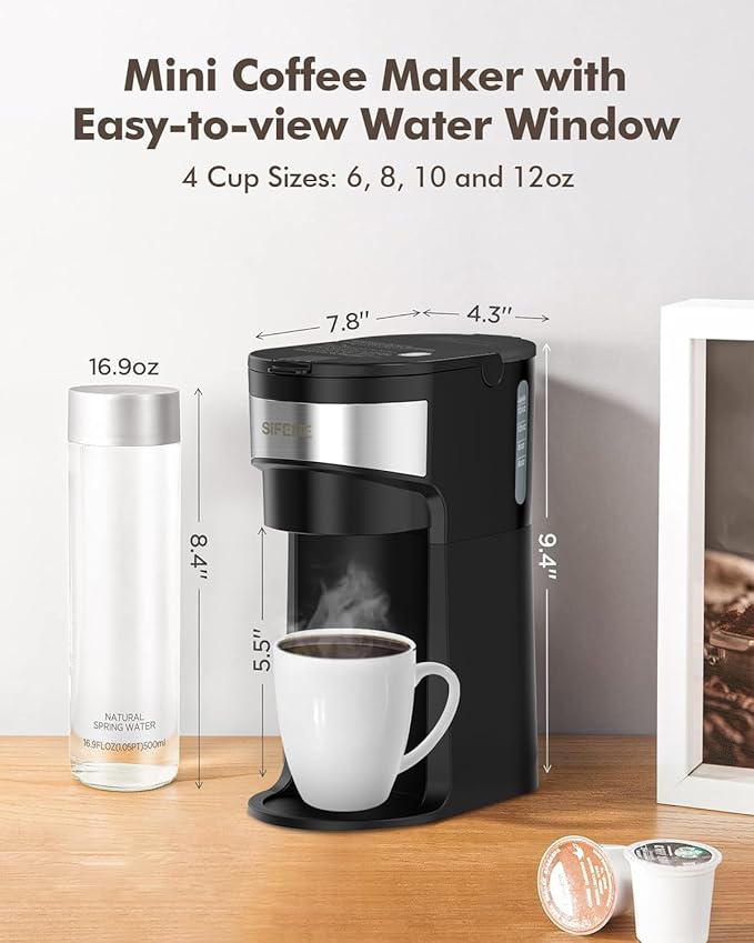 SIFENE Mini Single Serve Drip Coffee Maker – 2-in-1 Portable Machine for K-Pods &amp Grounds. Fast Brew Easy Clean Auto Shut-Off Water Window Descaling Reminder. BLACK
