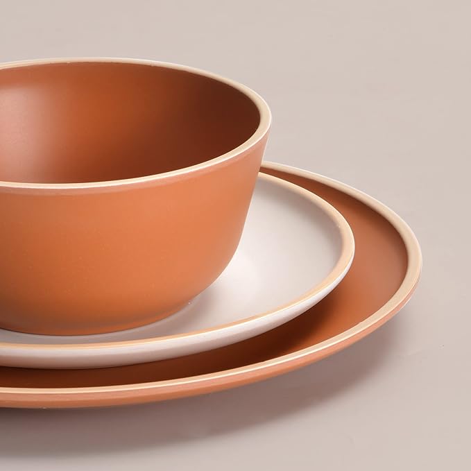 Melamine Dinnerware Sets 12pcs Plates and Bowls for 4 Unbreakable Dinnerware Sets Ideal Dinnerware for Party Unbreakable BAP free Dishwasher Safe Red Color (Terracotta Color)
