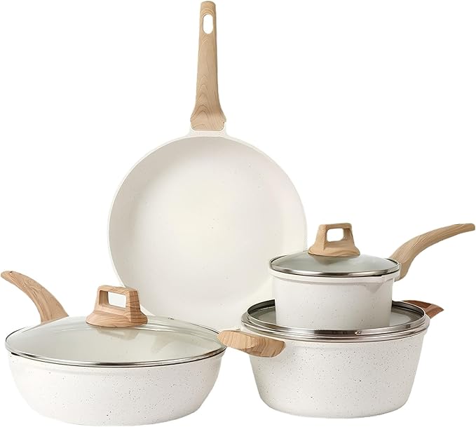 White Kitchen Cookware Sets 7 Piece Nonstick Pots and Pans Set Granite Cooking Set for Induction &amp Dishwasher Safe Oven Stovetop PFAS and PFOA Free